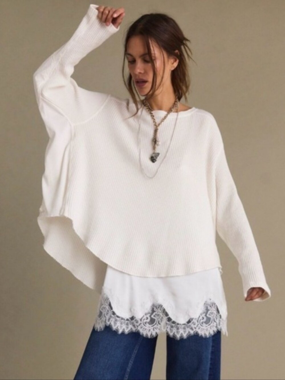 Free People One Blake Thermal - Coconut Milk Ivory White Size M Slouchy Oversize